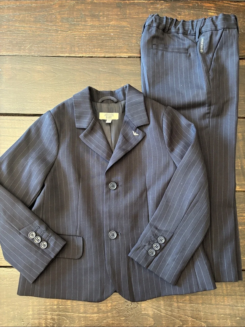 Giorgio Armani Baby Brown Pinstripe Blazer with Gold Emblem